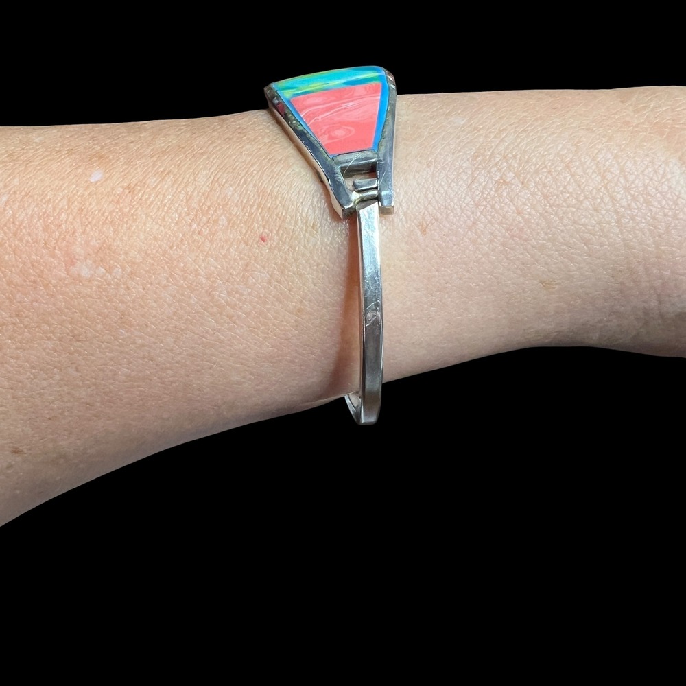 Vintage Alpaca Mexico Bangle Bracelet Multi Color Enamel Silver Tone 7.2 in - Picture 10 of 15